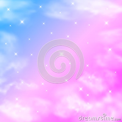 Realistic sky, stars and clouds in soft pastel pink and blue colors. Fantastic magic sunny sky background. Pink sunrise, sunset. V Vector Illustration