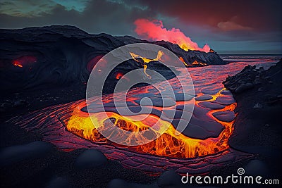Molten fiery lava flowing on a beach into the ocean, Generative AI Stock Photo
