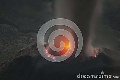 Molten lava glows in volcanic crater of Santiaguito Santa Maria Guatemala Stock Photo