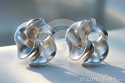 Molten metal style earrings, silver color and flowing shape. Stock Photo