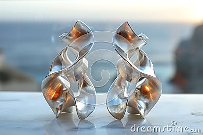 Molten metal style earrings, silver color and flowing shape. Stock Photo