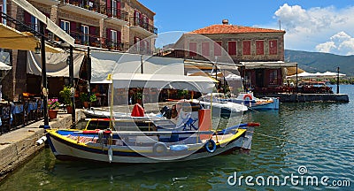 Molyvos Harbour with boats and restaurants. Editorial Stock Photo
