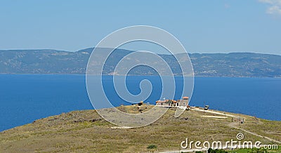 Molyvos Military outlook post overlooking the short distance between Lesvos and the Turkish Coast. Editorial Stock Photo