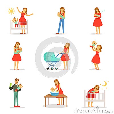 Mom and ad take care of their children set for label design. Colorful cartoon characters Vector Illustration