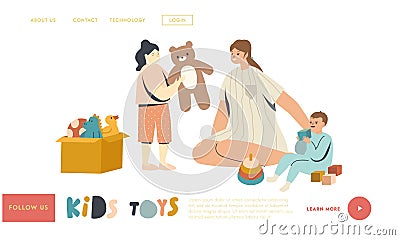 Mom with Baby Boy and Girl Landing Page Template. Nurse or Mother Female Character Playing with Kids in Playroom or Home Vector Illustration