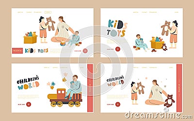 Mom with Baby Boy and Girl Landing Page Template Set. Nurse or Mother Female Character Playing with Kids in Playroom Vector Illustration