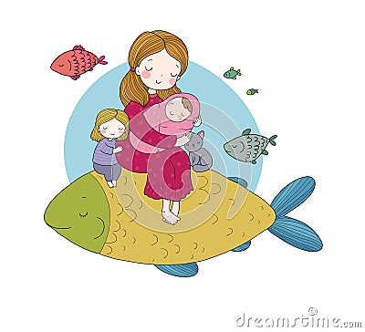 Mom with a baby and daughter and a big magic fish. Woman with a newborn Vector Illustration