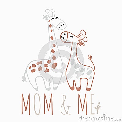 Mom and baby giraffe cute summer print. Sweet african animal. Vector Illustration