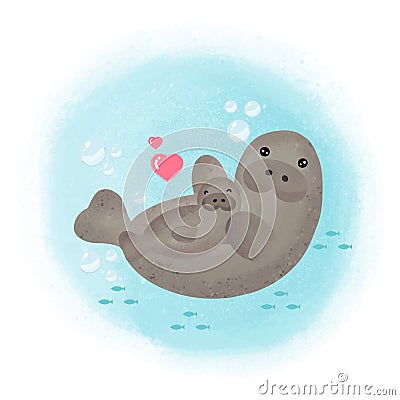 Mom and baby manatee hand drawn illustration. Cartoon Illustration