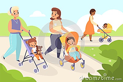 Mom baby walking. Happy women with kids strollers in summer park landscape, outdoor moms holiday, mothers with childish Vector Illustration