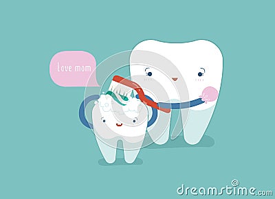 Mom is brushing body of baby tooth, dental concept Vector Illustration
