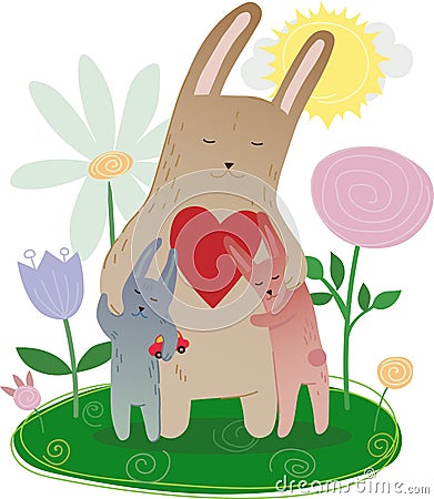 Mom Bunny together with leverets in flowers vector Vector Illustration