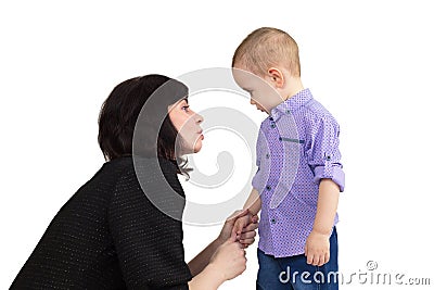 Mom calms her upset little son. Isolate Stock Photo