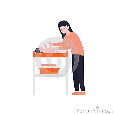 Mom changes her baby`s diapers Vector Illustration