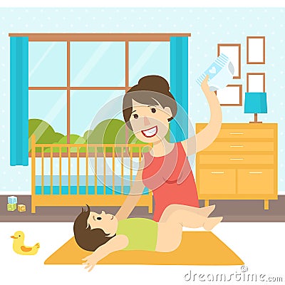 Mom Changing Diaper to Her Baby on Changing Table, Nursery Room Interior with Furniture Vector Illustration Vector Illustration