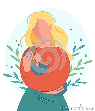 Mom and child. Mothers Day. Tender mother and son or daughter. Motherhood, Love, Tenderness. Greeting card, banner Vector Illustration