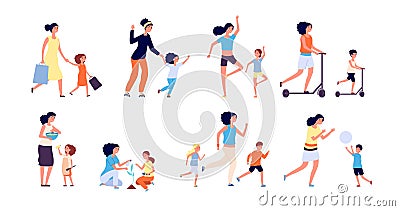 Mom and children. Family time, mother with kids. People cooking and education, gardening and playing. Happy women and Vector Illustration