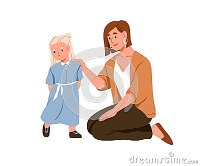 Mom comforting sad kid. Mother kneeling, supporting child. Woman parent talking, speaking to upset offended girl Vector Illustration