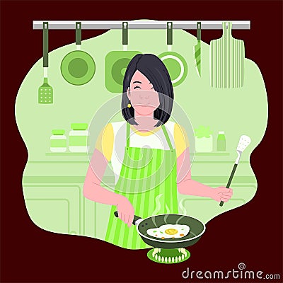 Mom Cooks Eggs For Breakfast. Cute Girls are Cooking in the Kitchen Vector Illustration