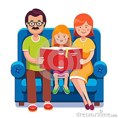 Mom, dad and daughter reading story book together Vector Illustration