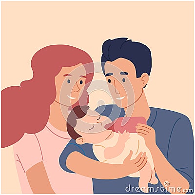 Mom and Dad feed their son from a bottle. Loving couple, honeymooners with a baby in her arms. Vector illustration in a Vector Illustration