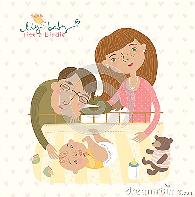 Mom and dad hugging his child,cute illustration Vector Illustration