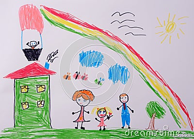 Mom dad and I have a fun family. Child`s Drawing of happy family under the rainbow. What a children`s picture can tell. Stock Photo