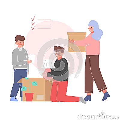 Mom, Dad and Son Packing Boxes in Room, Family Relocating to New Apartment Vector Illustration Vector Illustration