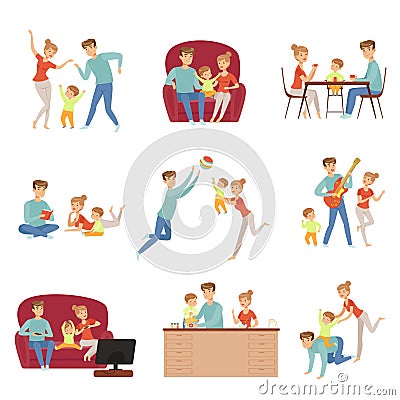 Mom, dad and their little son spending time together set, happy family and parenting concept vector Illustration on a Vector Illustration