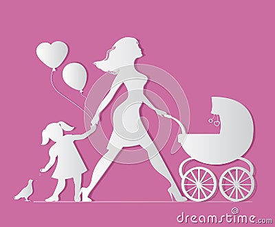 Mom with daughter and baby in carriage. Little girl feeds b Vector Illustration