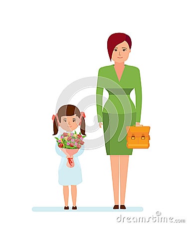 Mom and daughter with beautiful bouquet and backpack in school. Vector Illustration