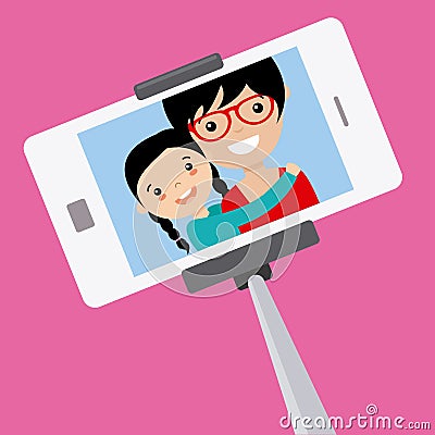 Mom and daughter become a selfie Vector Illustration