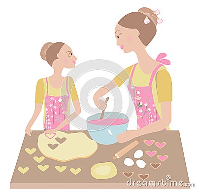 Mom and daughter cook birthday cakes together. Objects on white background.Flat style Stock Photo