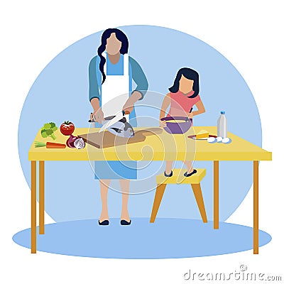 Mom and daughter cook in kitchen raster Cartoon Illustration