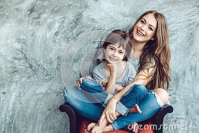 Mom with daughter in family look Stock Photo