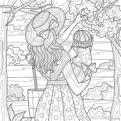 Mom with daughter in her arms in the garden.Coloring book antistress for children and adults. Vector Illustration