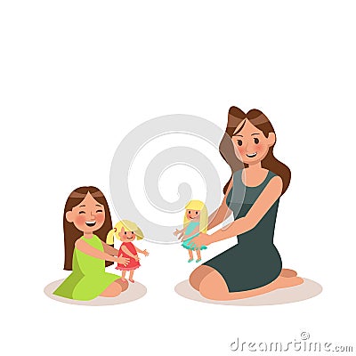 Mom and daughter playing doll. character design Vector Illustration
