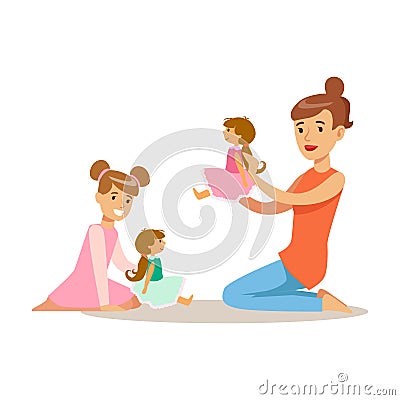 Mom And Daughter Playing Dolls, Loving Mother Enjoying Good Quality Mommy Time With Happy Kid Vector Illustration