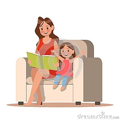 Mom and daughter reading a book. character design Vector Illustration