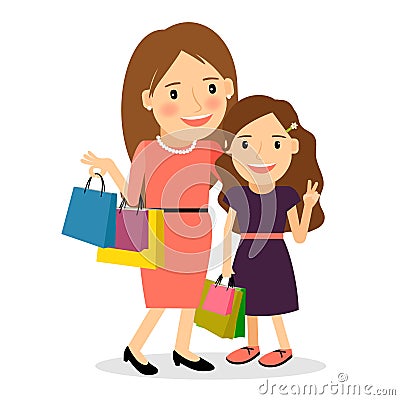 Mom and daughter shopping day Vector Illustration