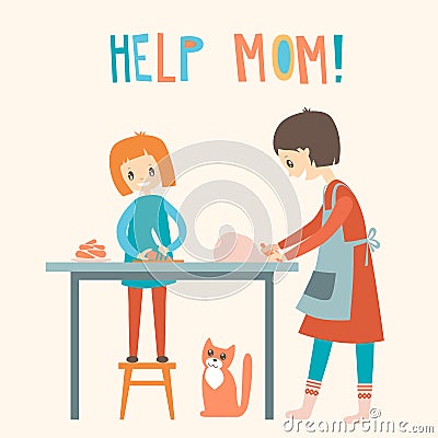 Mom and dauhter cooking together. Home help, upbringing. Vector Vector Illustration