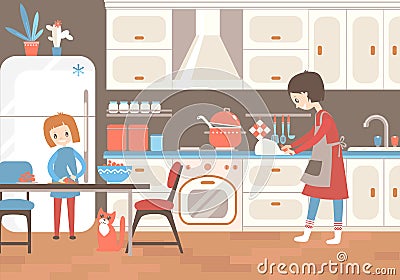 Mom and dauhter cooking together in the kitchen. Home help, upbr Vector Illustration