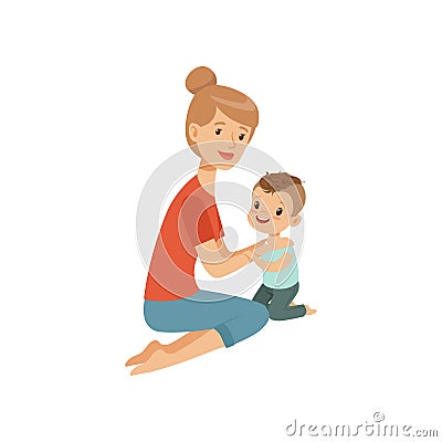 Mom embracing her son, mother hugging her child, happy parenting concept vector Illustration on a white background Vector Illustration