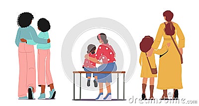 Mom and Girl Embrace and Hugging Rear View. Loving Mother and Little Daughter Characters Communication Vector Illustration