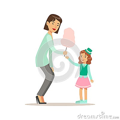 Mom Giving Cotton Candy To Daughter, Loving Mother Enjoying Good Quality Mommy Time With Happy Kid Vector Illustration