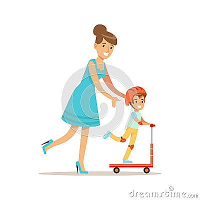 Mom Helping Son Ride A Scooter, Loving Mother Enjoying Good Quality Mommy Time With Happy Kid Vector Illustration