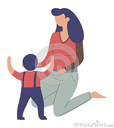 Mom helping toddler to learn walking, first steps Vector Illustration
