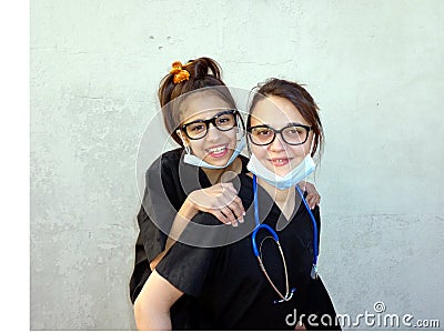 Mom with her daughter, medic Stock Photo