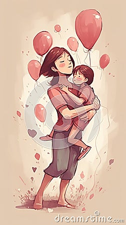 a mom holding her daughter with balloons around them, cute mothers day gift, ai generated image Stock Photo