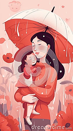 a mom holding her daughter under an umbrella, cute mothers day gift card, ai generated image Stock Photo